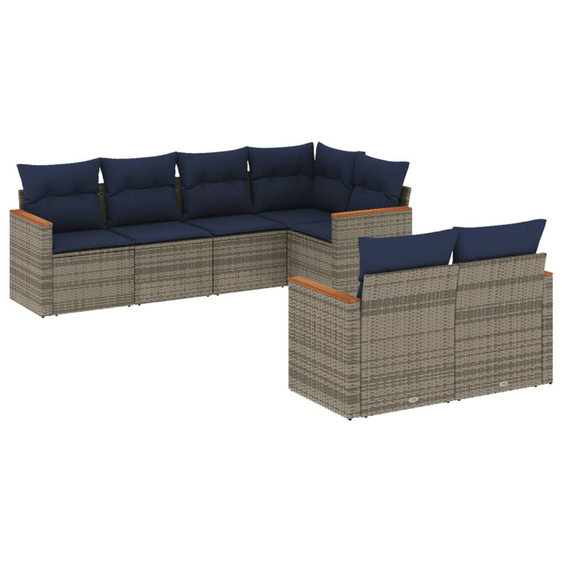 Latitude Run® 7 Piece Patio Sofa Set With Cushions Black Poly Rattan, Gray, Navy Blue