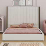 Tall Headboard Upholstered Bed With Vertical Striped And Wingback Design