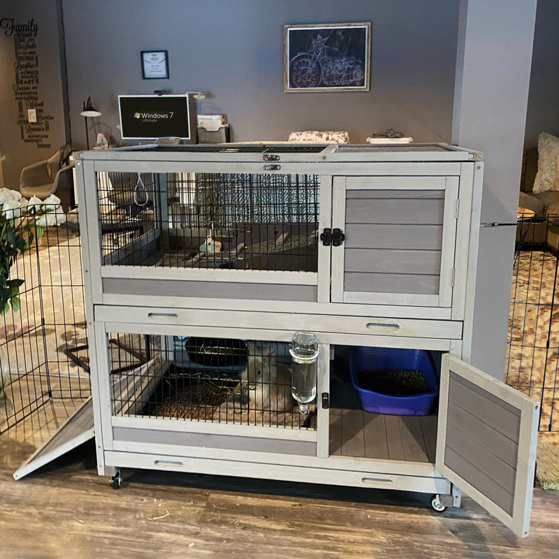 Cage à lapin pour l'extérieur et l'intérieur sur roulettes avec plateau escamotable sans fuite, gris