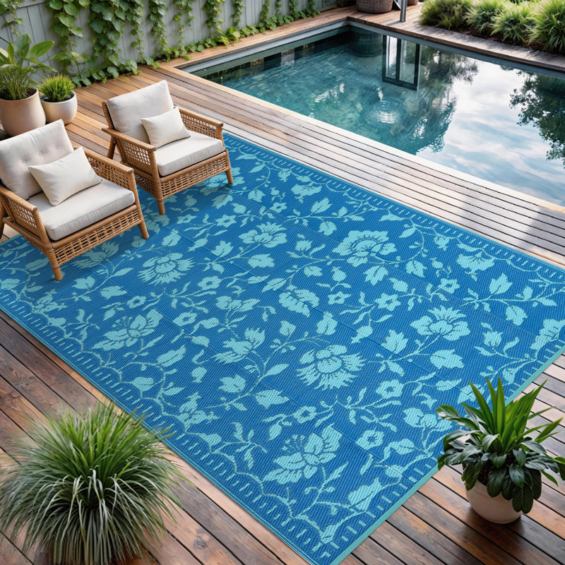 Floral Outdoor Rug Patio Waterproof Foldable Reversible Plastic Straw Rug for RV Camping, Picnic, Beach, Balcony, Deck & Garden