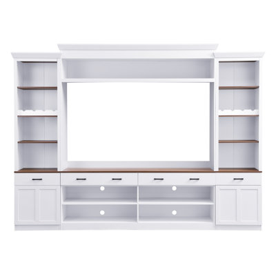 Ensemble de meuble audio-vidéo Farmhouse 4 pièces avec bibliothèque pour téléviseur de 70 po ou moins, meuble télé en noyer avec tablettes réglables, grande console média Mid-Century avec support à vin pour le salon
