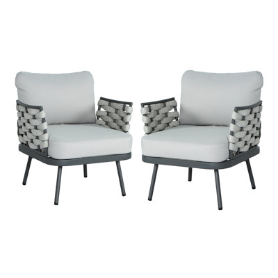 Fauteuils club gris en acier gris pour l'extérieur, corde épaisse tissée à la main, coussins hydrofuges épaissis, assemblage facile, relaxation de la limite de poids de 400 lb, hauteur des accoudoirs de 26 po