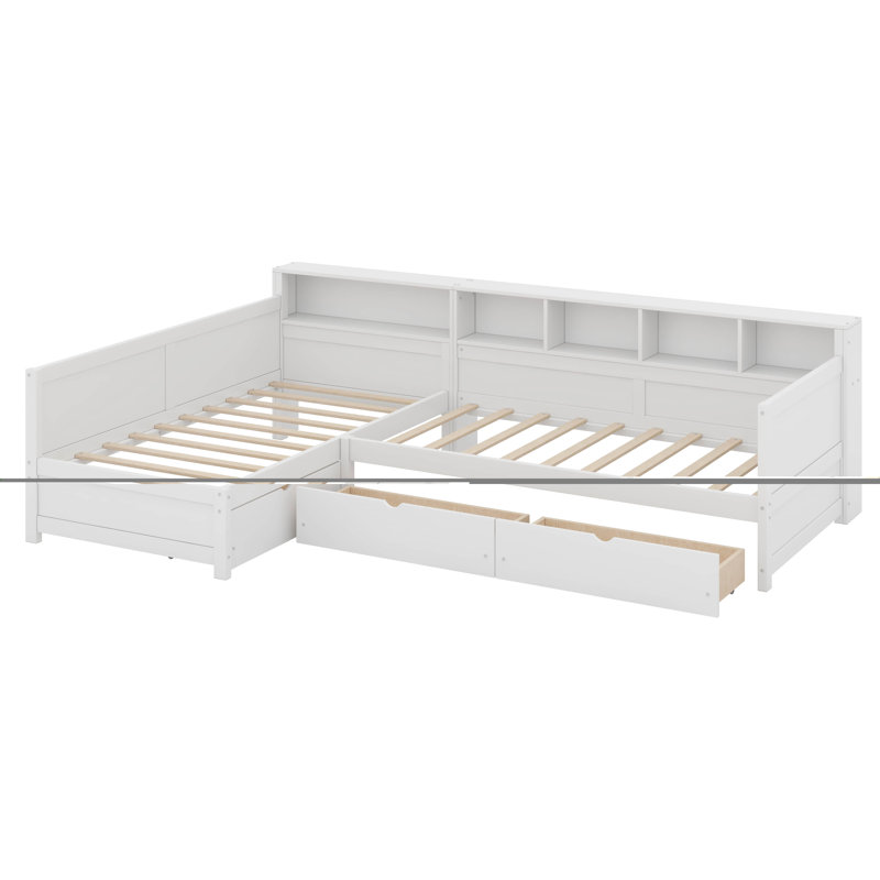 Lit de jour simple pour 2 personnes, structure de lit en L avec rangement 3 tiroirs, bibliothèque, Blanc