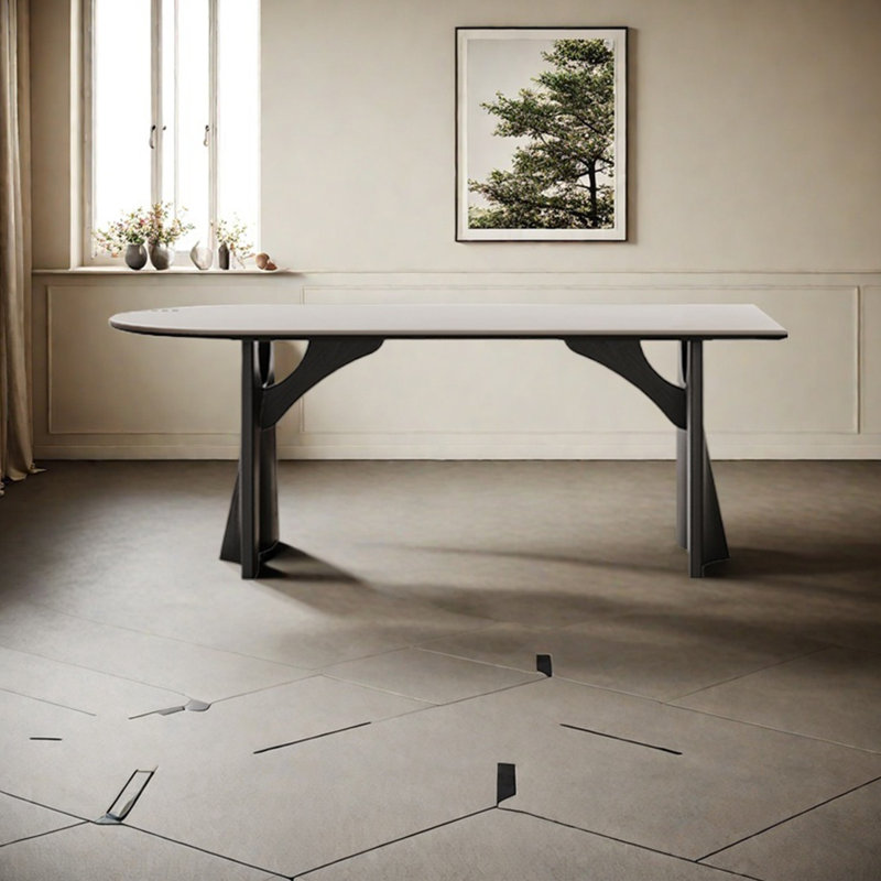 Semicircular Rock Slab Dining Table, 29.52"H x 55.11"L x 31.49"W 