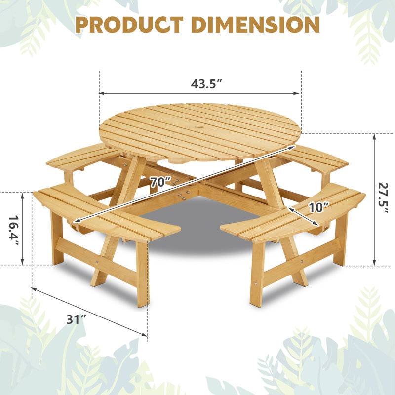 Kate Round Wooden Picnic Table,8 Person Table w/4 Built-in Benches, Yellow