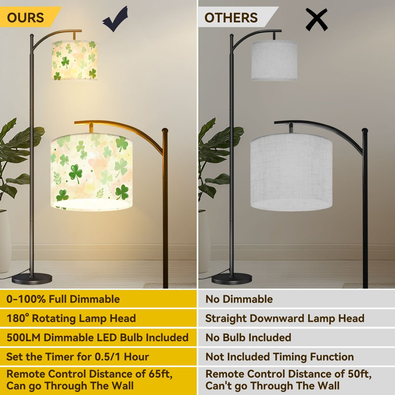 Arc Floor Lamp Green Clover Shamrock Seamless Soft Watercolor St Patrick Inspired Floor Lamps with Remote LED Lights Adjustable Lamp Shades Tall Standing Lamps for Reading Office Living Room