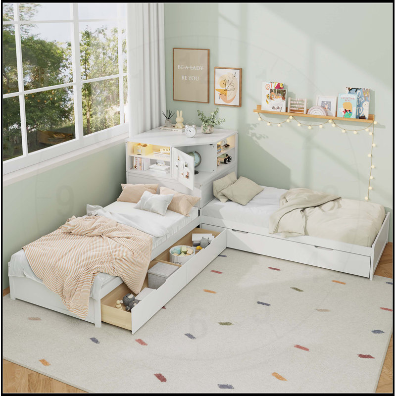 Lit simple en L avec lit gigogne et tiroir en forme de L, lit plateforme en coin bas 3-en-1 avec bureau intégré et éclairage vers le bas à DEL, blanc