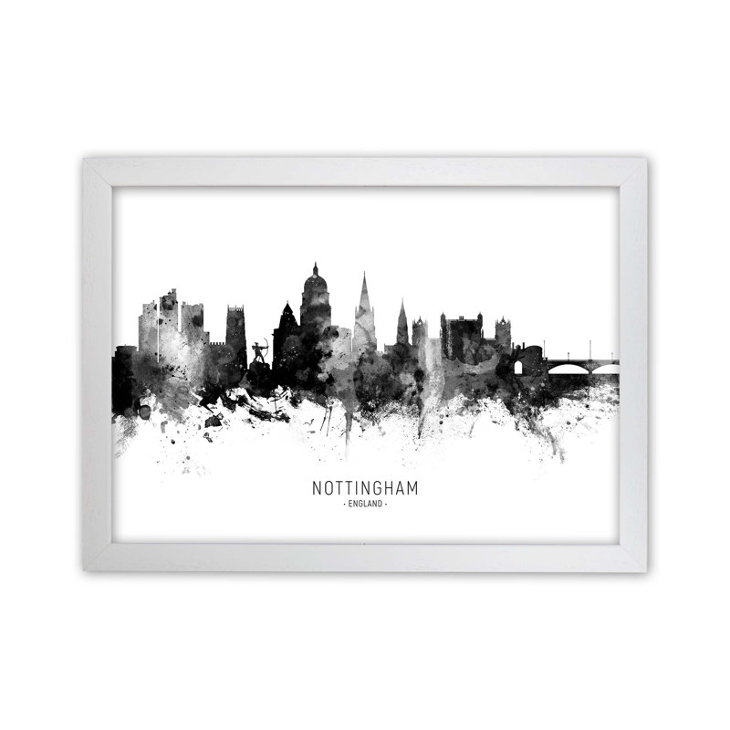 Nottingham England Skyline Black White City Name by Michael Tompsett - Print, 25cm H x 34cm W x 3cm D, White Framed