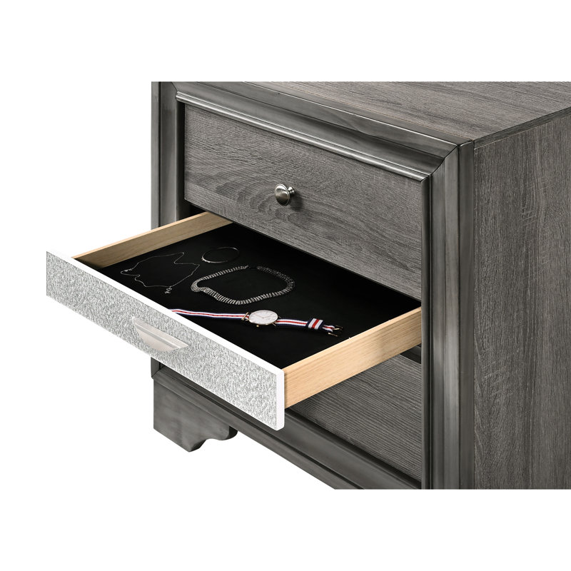 Armoire de chevet en bois gris avec poignées en métal et fabrication robuste, Gris