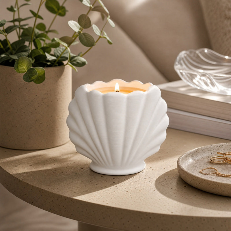 Bougeoir en plastique blanc mat en forme de coquillage, pour chandelle parfumée, style nautique, à poser sur une table ou dans une salle de bain.