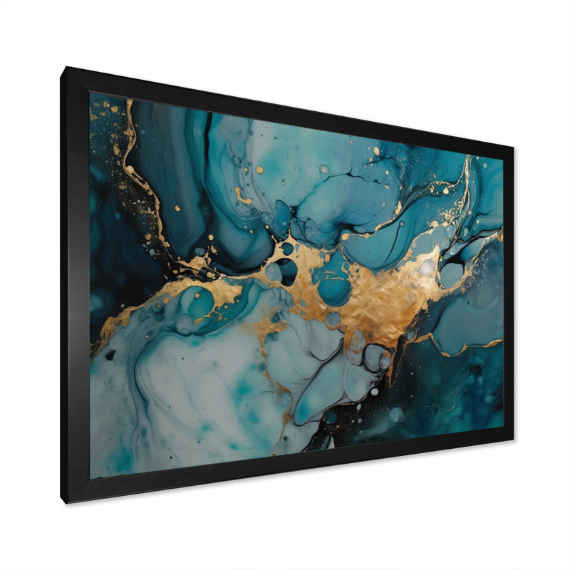 Bleu et or hypnotisant marbre abstraction II - impression, Cadre photo noir, H 12 po x l 20 po x P 1 po
