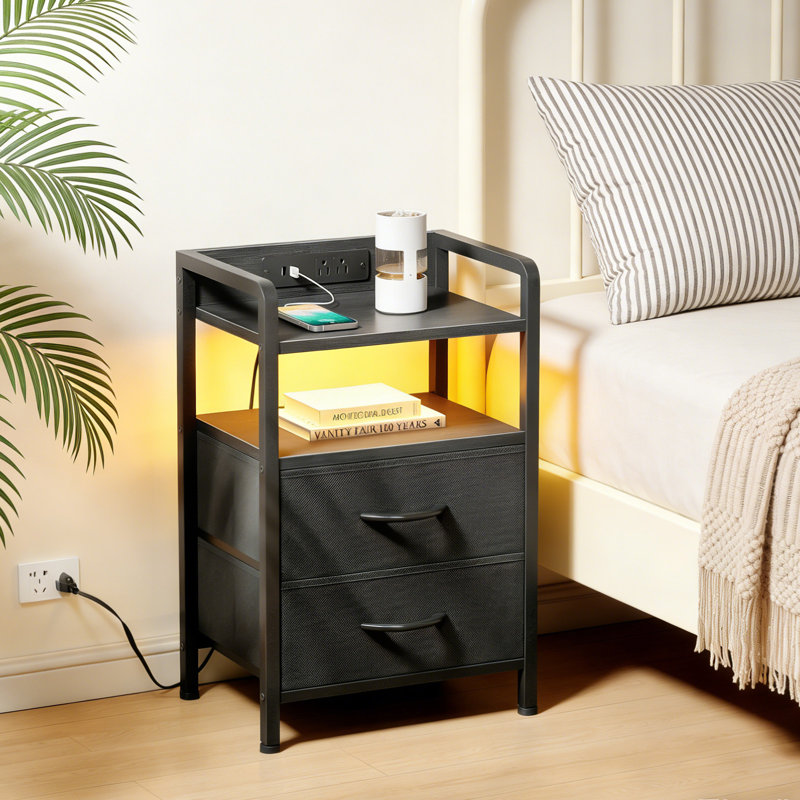 Table de chevet moderne avec 2 tiroirs en tissu et 3 tablettes de rangement, Noir