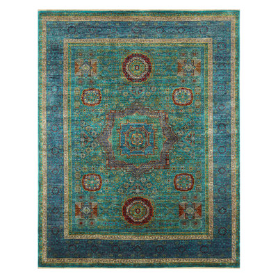 Tapis bleu ciel / vert / rouge noué à la main de haute qualité