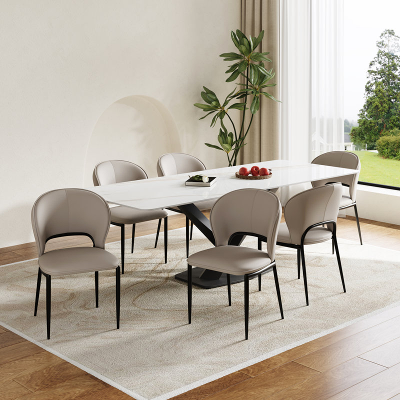 Modern 71" White Marble Dining Table Set With 6 Upholstered Chairs, Faux Leather Dining Chairs With Stainless Steel Legs, Rectangular Kitchen Table And Chair Set For Dining Room