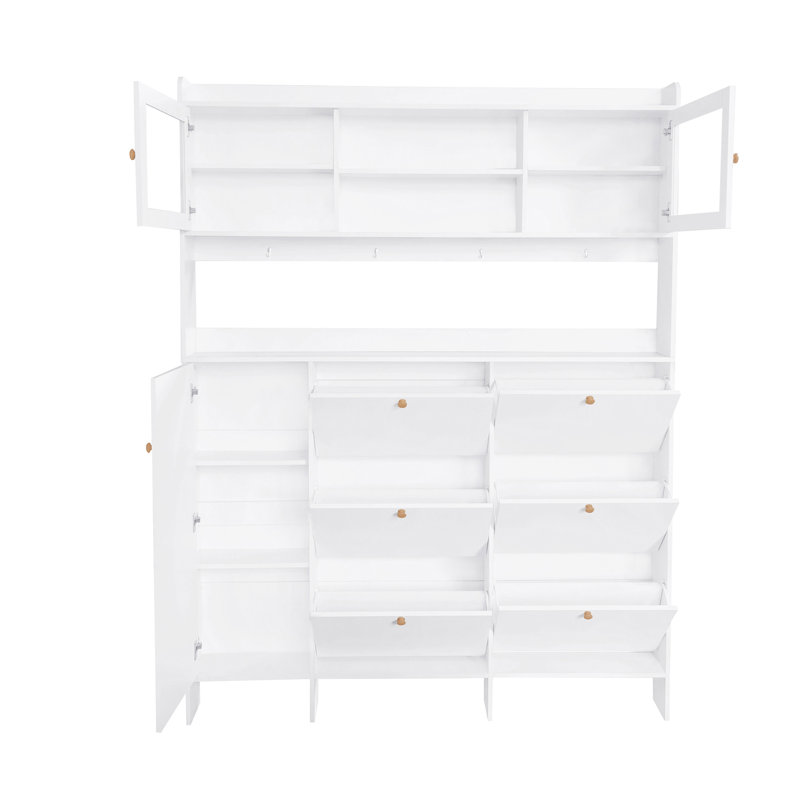 Multifunctional Tipping Bucket Shoe Cabinet With Storage Shelf & 6 Flip Drawers, Large Hall Tree With Tempered Glass Doors, Foyer Cabinet With 4 Hooks For Hallway