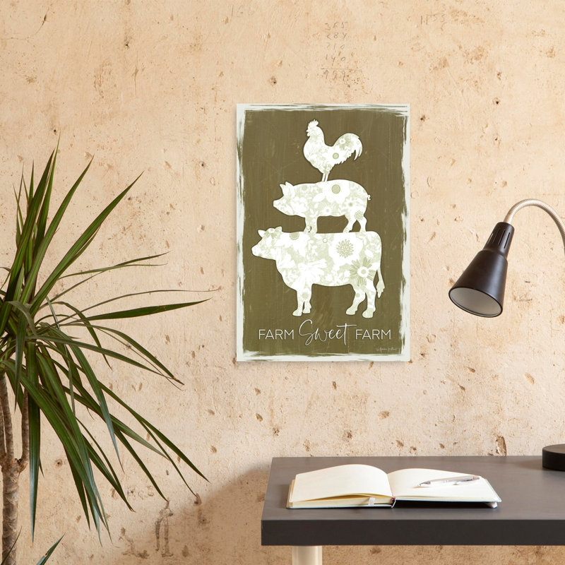Farm Sweet Farm Modern Rustic Abstract Bird Cow Landscape Nature Wall Art Print, 60.96cm H x 40.64cm W