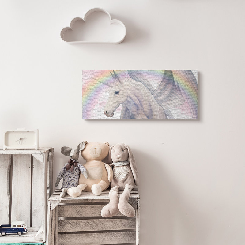 Pégase magique, beaux nuages roses, arc-en-ciel doux, H 10 po x l 24 po x P 1,5 po, Toile tendue