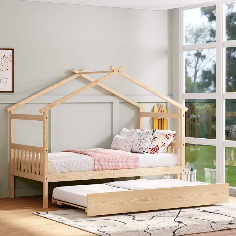 Lit en bois avec lit gigogne simple, Gris, Lit simple
