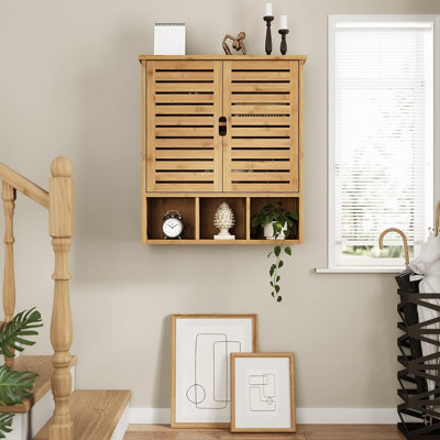 Bamboo Bathroom Wall Storage Cabinet, Wall-Mounted Medicine Cabinet With Doors & Adjustable Shelves, Over-Toilet Organizer