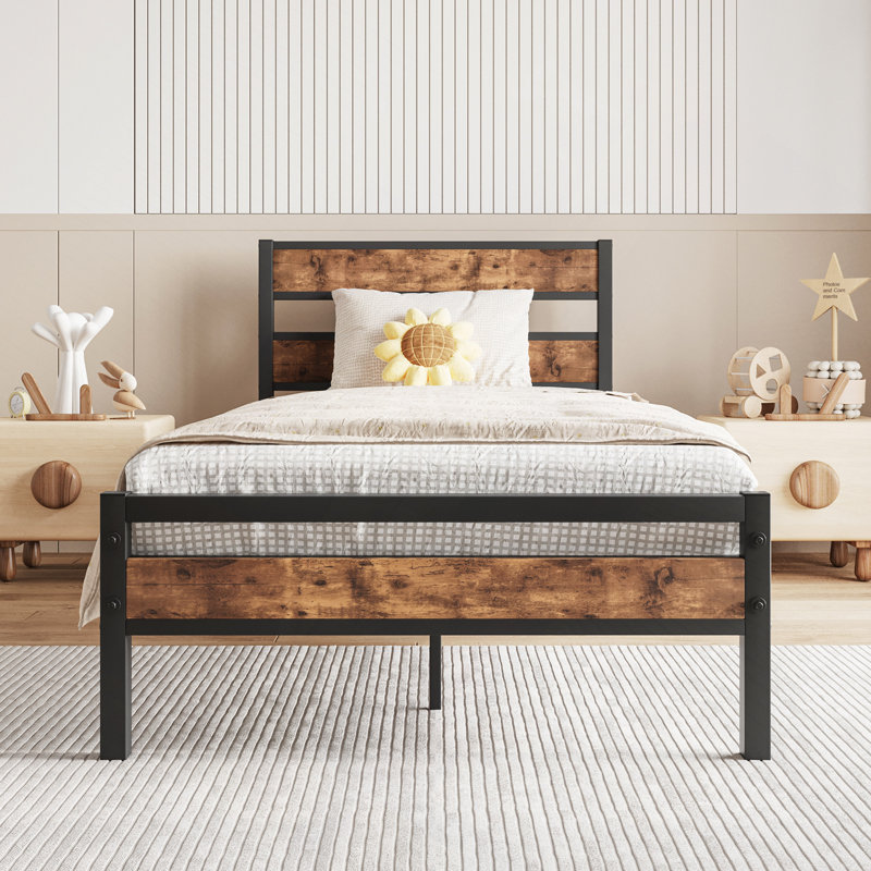 Structure de lit plateforme avec tête de lit en bois rustique rétro, aucun sommier nécessaire, Simple, Brun rustique