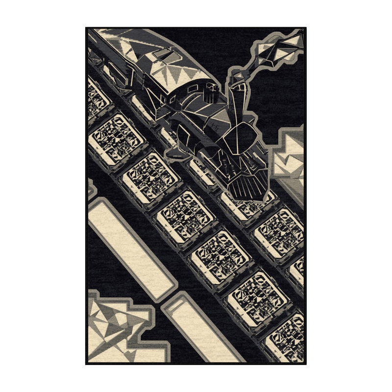 Tapis industriel géométrique lavable à la machine gris en noir, 5 x 7