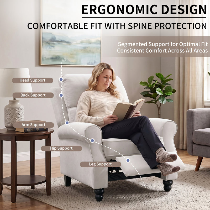 34.5" Classic Fabric Upholstered Push Back Recliner With Wooden Legs (Set Of 3 ), Beige