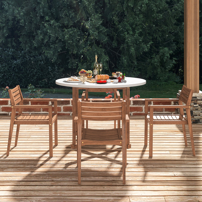 Ensemble de salle à manger 5 pièces pour l'extérieur avec 4 chaises en bois d'acacia Table Table de salle à manger ronde de 47,2 po à lattes ｜ Idéal pour les patios, les jardins, les bords de piscine et les pelouses et à l'intérieur resistance Résistant aux intempéries