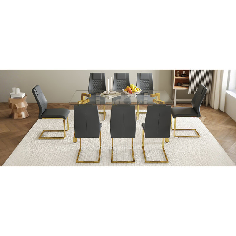 Élégant ensemble de salle à manger rectangulaire en verre 71 pouces avec 8 chaises en cuir synthétique