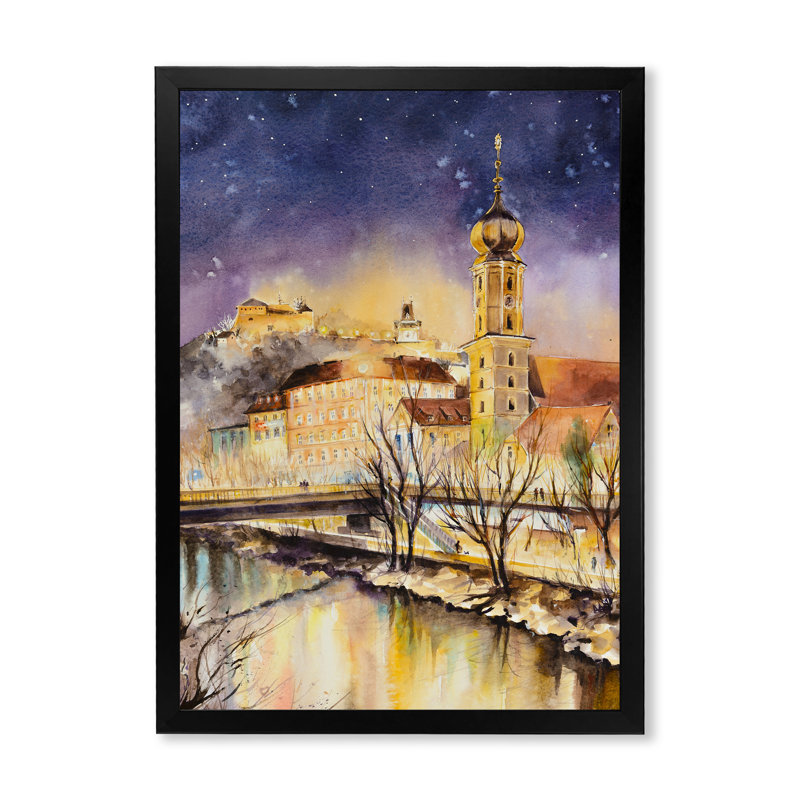 «Vintage Church By The River In Old Europe», peinture sur toile, H 40 po x l 30 po, Toile avec cadre de coin noir fermé
