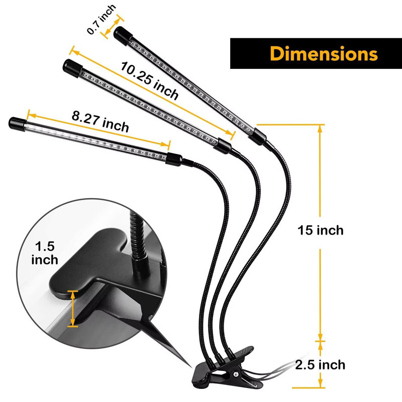 Lumière de croissance à 3 tubes DEL avec spectre complet pour les plantes d'intérieur de l'iPower, col-de-cygne réglable, 3 modes d'éclairage et 11 niveaux d'intensité, minuterie automatique 3H / 9H / 12H, rouge et bleu, 1 paquet