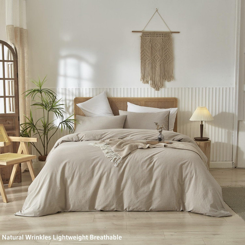 Ensemble de housse de couette 100% coton délavé LifeTown, Housse de couette grand + 2 taies d'oreiller, Gris crème