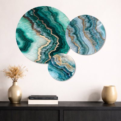 Agate Dream river III - ensemble d'art mural en métal à imprimé de géode verte 3 pièces