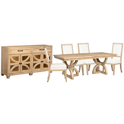 Extendable Trestle Dining Table With 4 Upholstered Side Chairs And Buffet