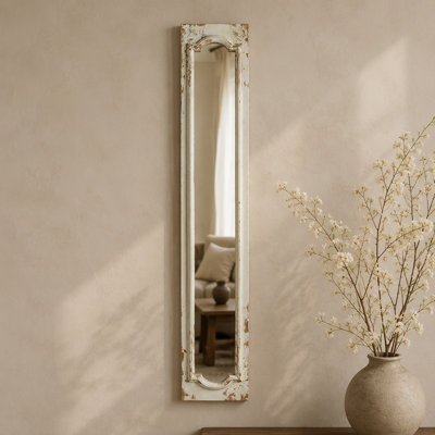11.8x1.6x69.3" Floor Mirror with Distressed White Finish