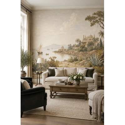 Papier peint vintage paysage côtier, fresque murale du palais méditerranéen