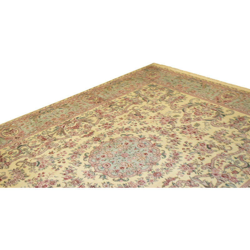 High-Quality Hand-Knotted Gold And Light Green Area Rug