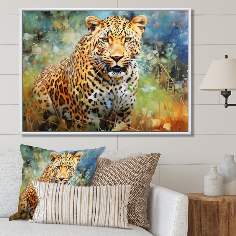 «Leopard Grace IV», reproduction d'art mural animaux, Cadre flottant blanc, H 30 po x l 40 po x P 1,5 po
