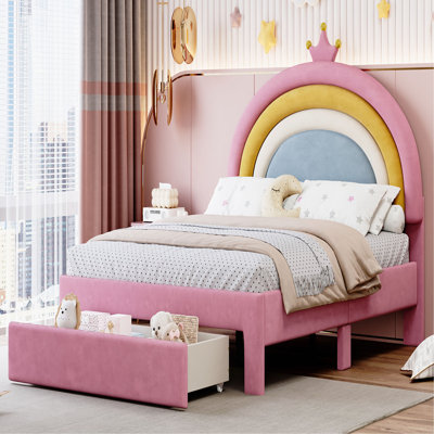 Full Size Upholstered Rainbow Design Bed, Velvet Princess Platform Bed with Storage Drawer, No Box-spring Needed,Colorful&Pink