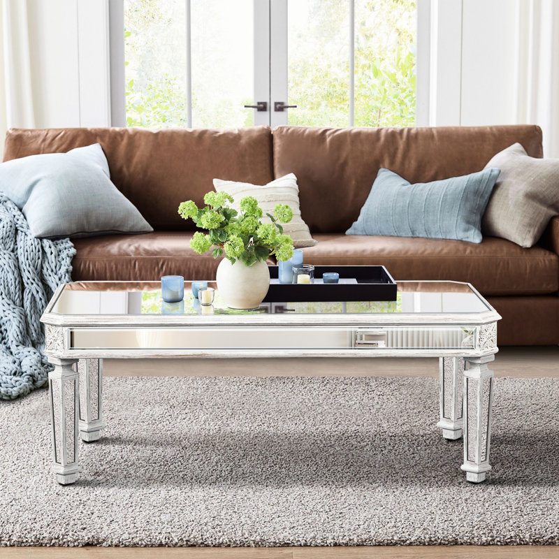 Élégante table basse rectangulaire à miroir avec sculptures rétro, pour les espaces de vie et de bureau