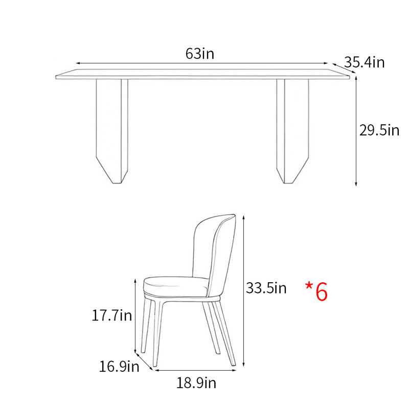 Modern simple rectangular home dining table sets, 29.5"H x 63"L x 35.4"W