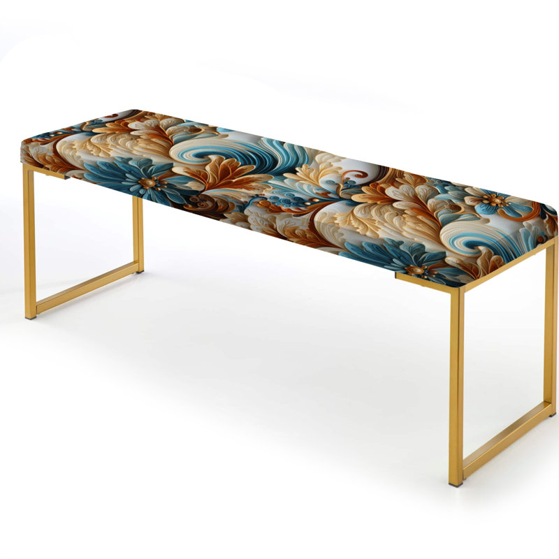 Banc floral rembourré or, Jardins rustiques à motif cachemire et turquoise