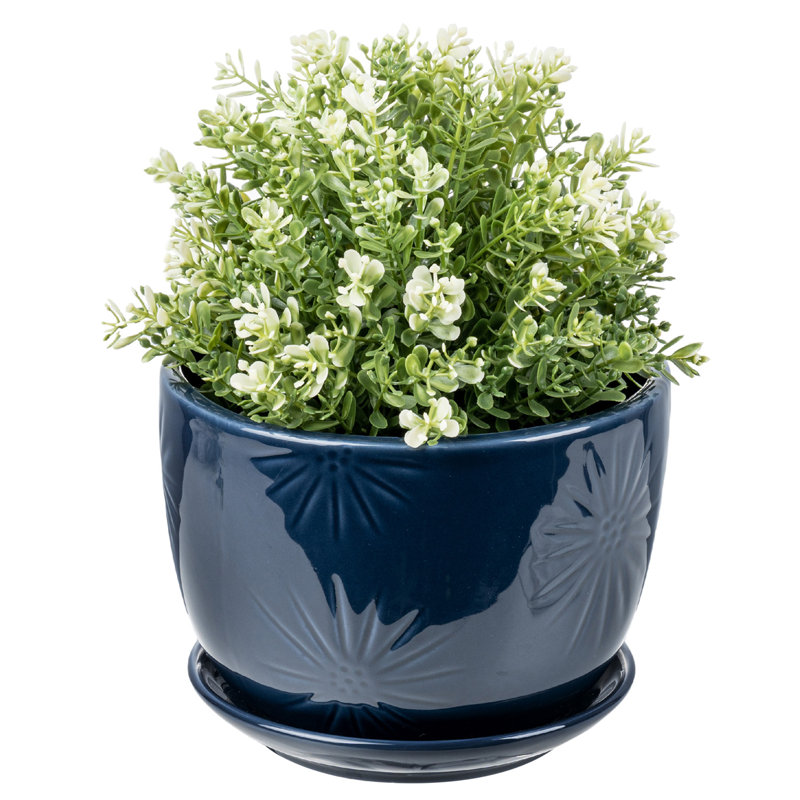 Round Blue Ceramic Flower Pot Planter, Blue