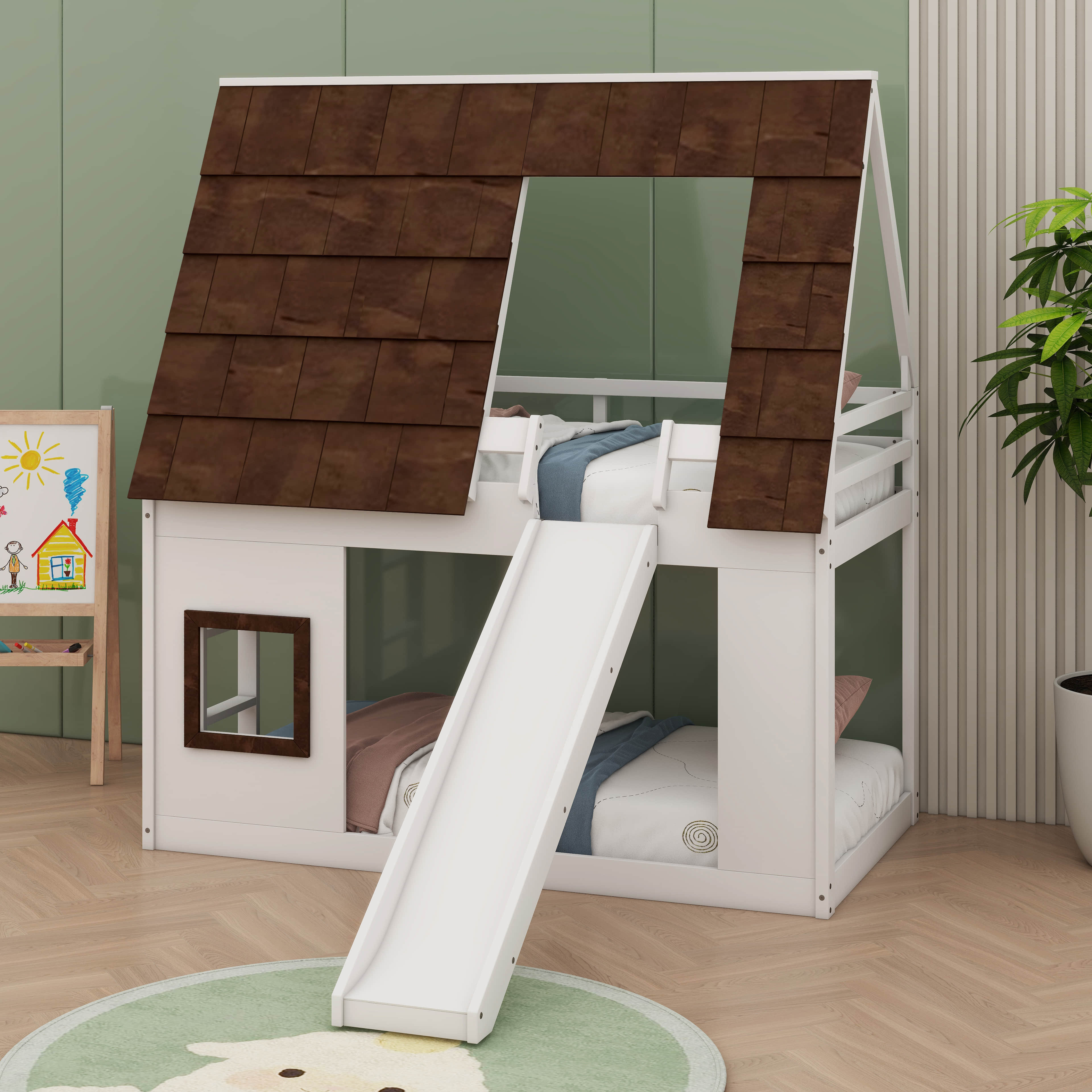 Harper Orchard Marklesburg Wood Twin Size House Bunk Bed with Roof