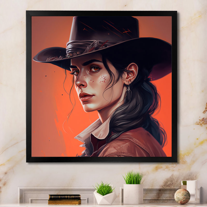Western Cow Girl II - impression sur toile, H 16 po x l 16 po x P 1 po, Impression noire sur toile encadrée