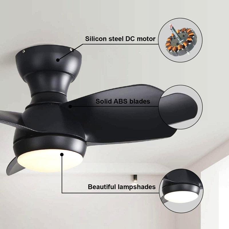 23 Inch Bedroom Ceiling Fan With 3 Color Dimmable 3 Abs Blades Remote Control Dc Motor With 18W Led Light, Black