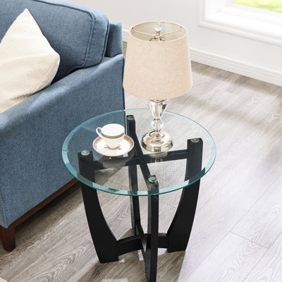 Table ronde ronde en verre noir de 23,5 pouces avec une construction en bois solide et solide, pour le salon, un appartement de bureau, un cadre de conception moderne de café trempé sans effort, idéal