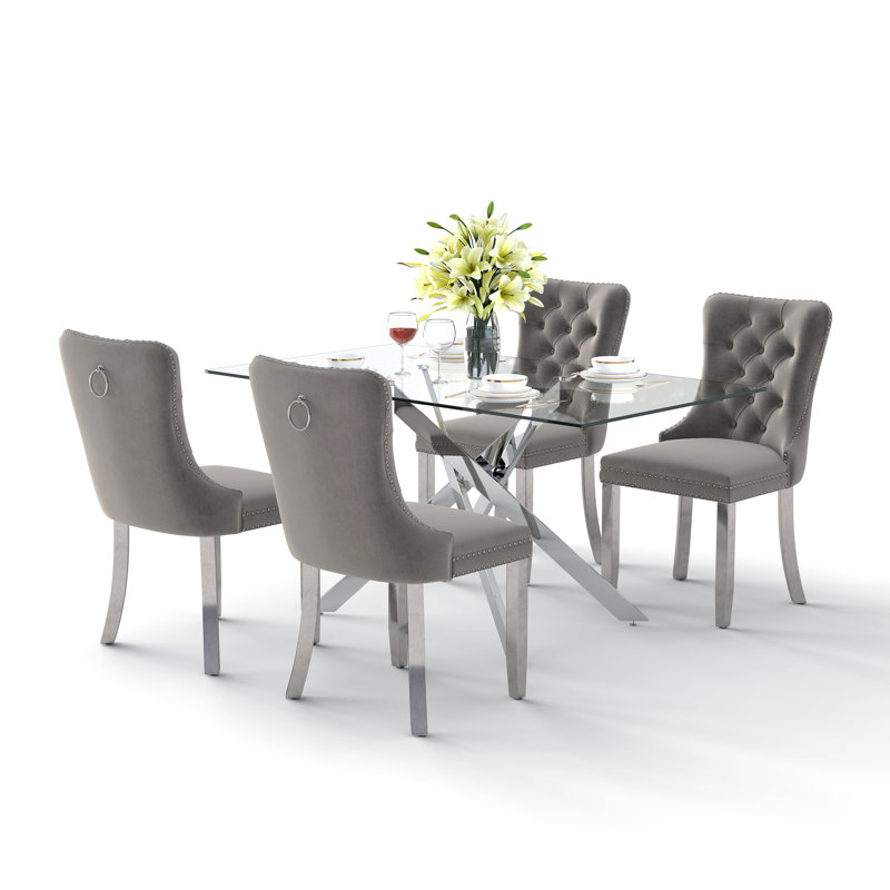 Ensemble de table de salle à manger rectangulaire en verre trempé, table de salle à manger de luxe avec chaise de salle à manger en velours capitonné
