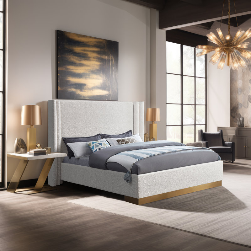 Halton Platform Bed, Queen, Cream Boucle Fabric