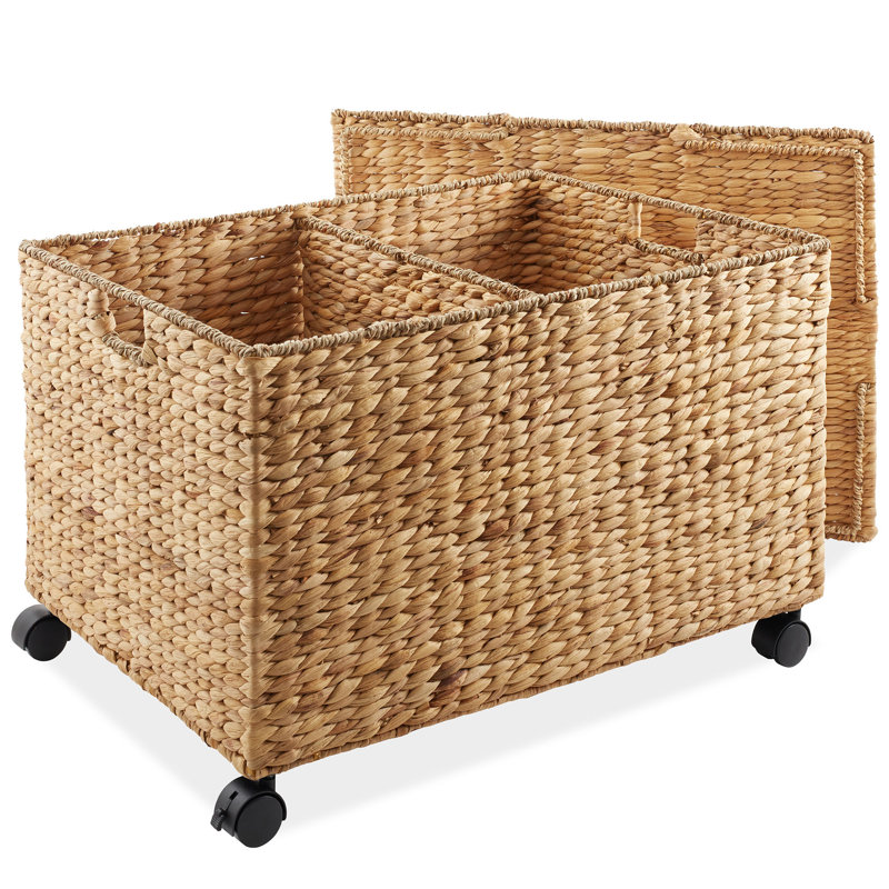 Casafield Water Hyacinth 2-Section Rolling Storage Basket with Lid, Natural