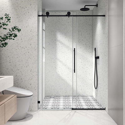Une porte de douche fixe et une porte décalée sans cadre, grandes poulies en acier inoxydable avec fonction de fermeture en douceur réglable